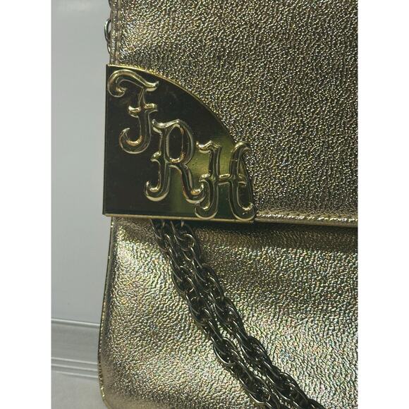 Vintage Metallic Gold Evening Clutch/Purse Gold Chain Shoulder Strap letter “FRH - Picture 2 of 12